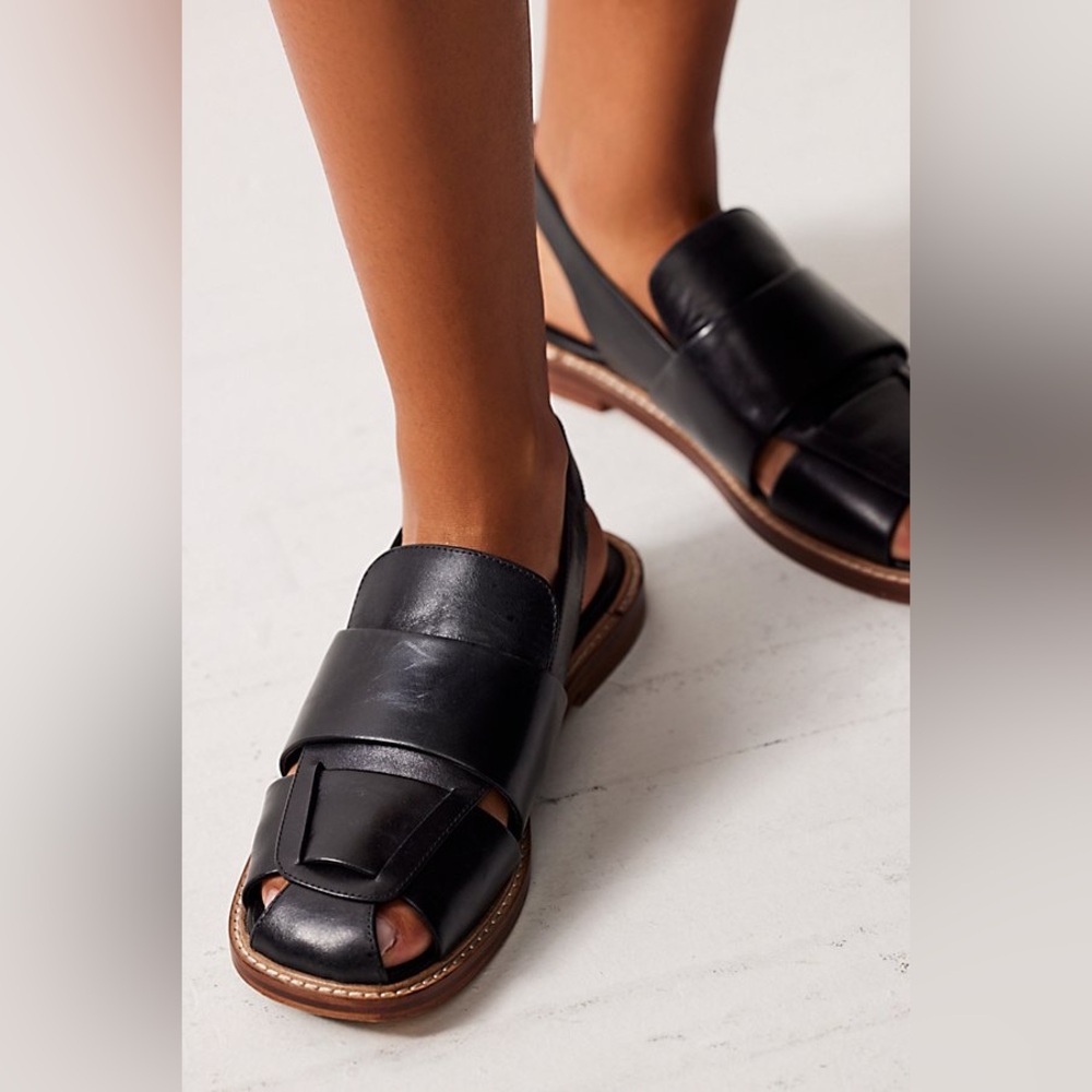 Free People Black Leather Slingback Libby Fisherman Sandals